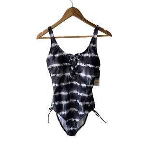 CALIFORNIA Waves Size M Tie-Dyed Lace Up One Piece Swimsuit Black White - New